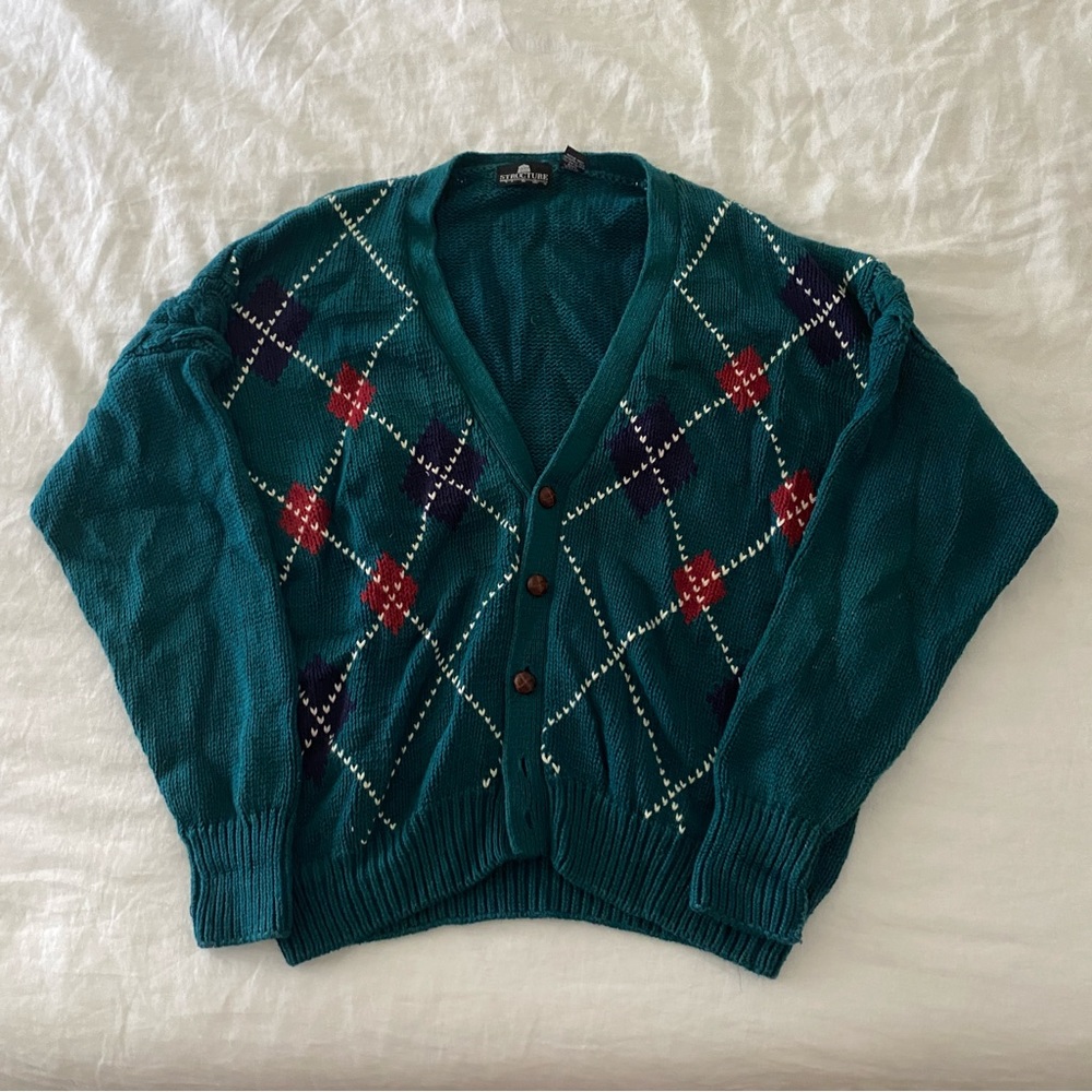 Vintage 1990’s teal green argyle knit cardigan